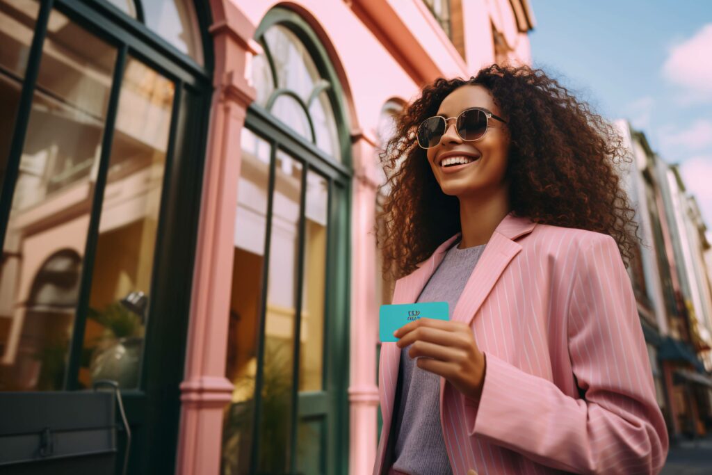 Happy woman shopping with her crypto card